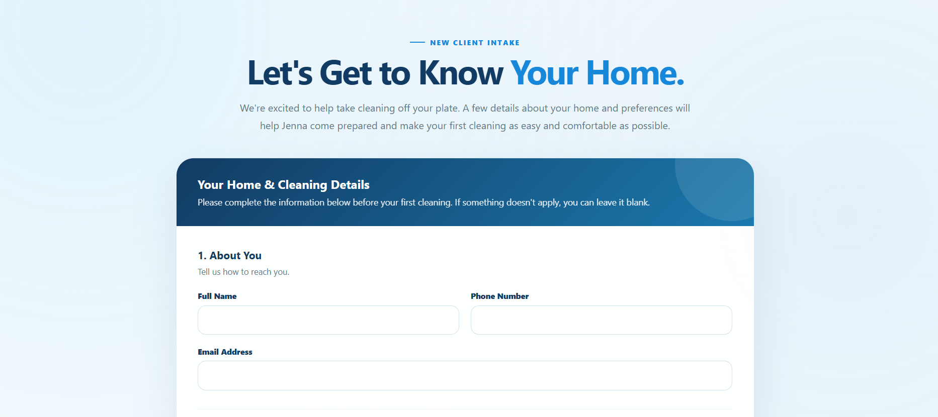 Pinellas Cleaning Company client intake form